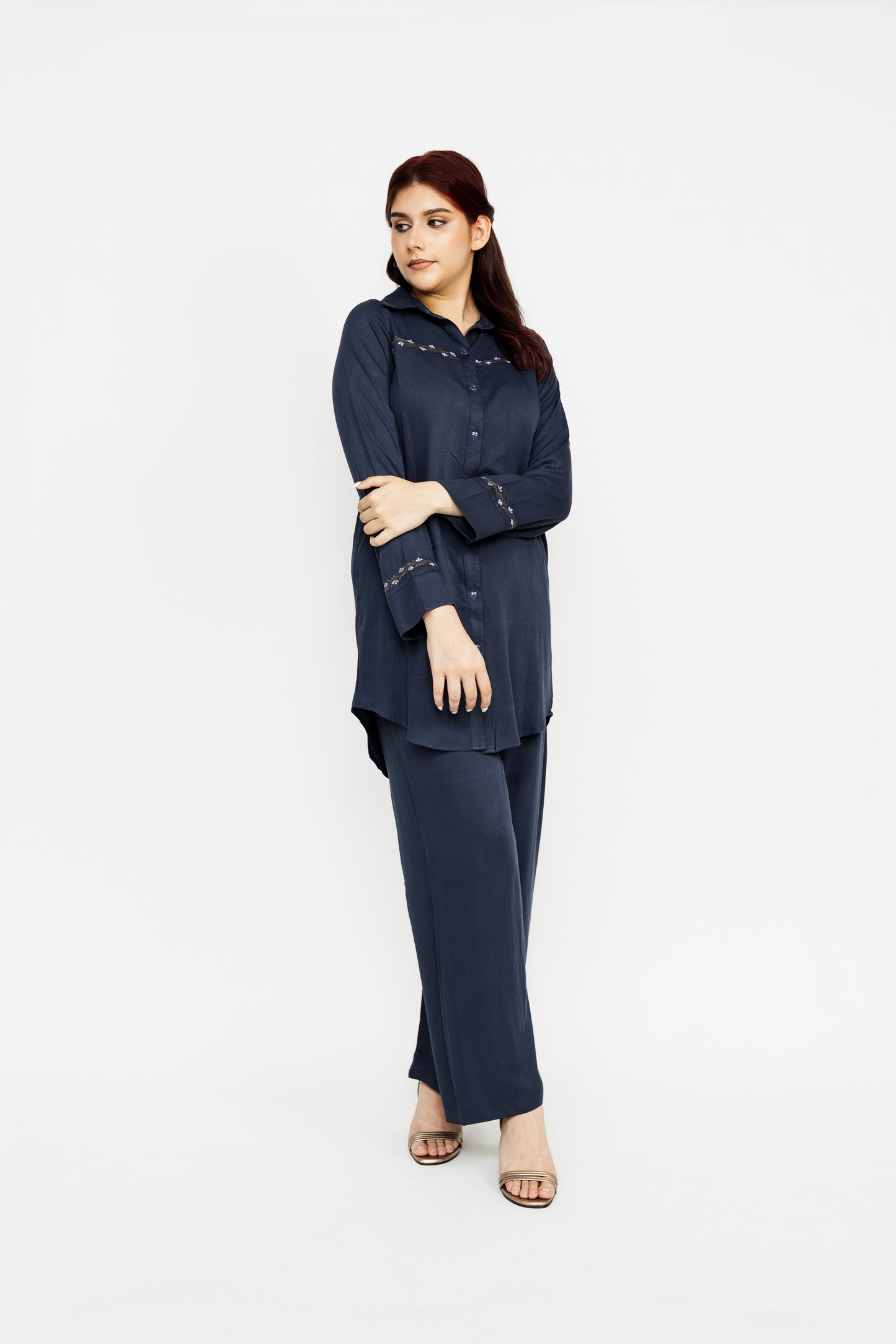 Embroidered Co-ordinate Set-Blue floral note