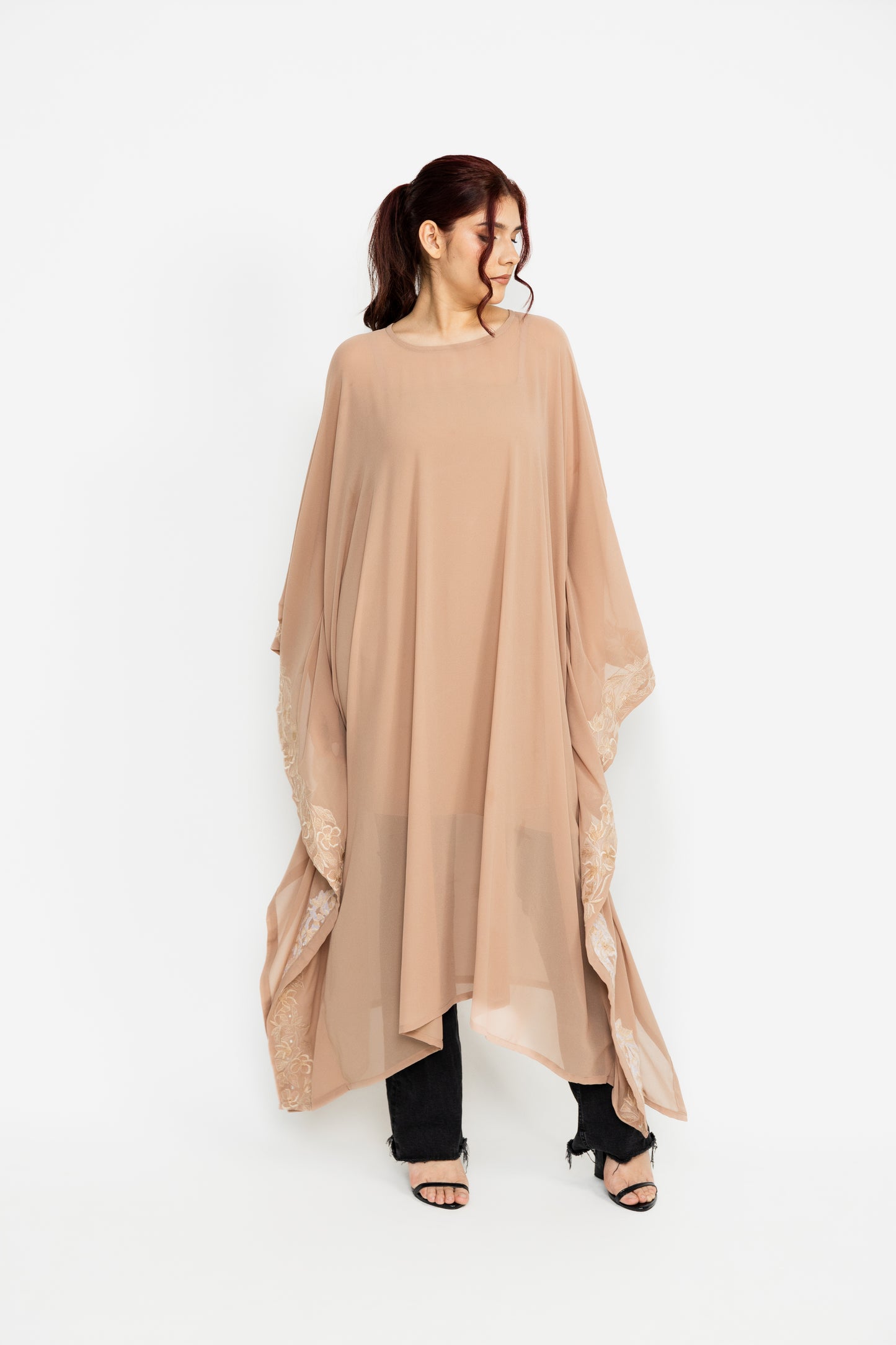 Beige embroidered long kaftan