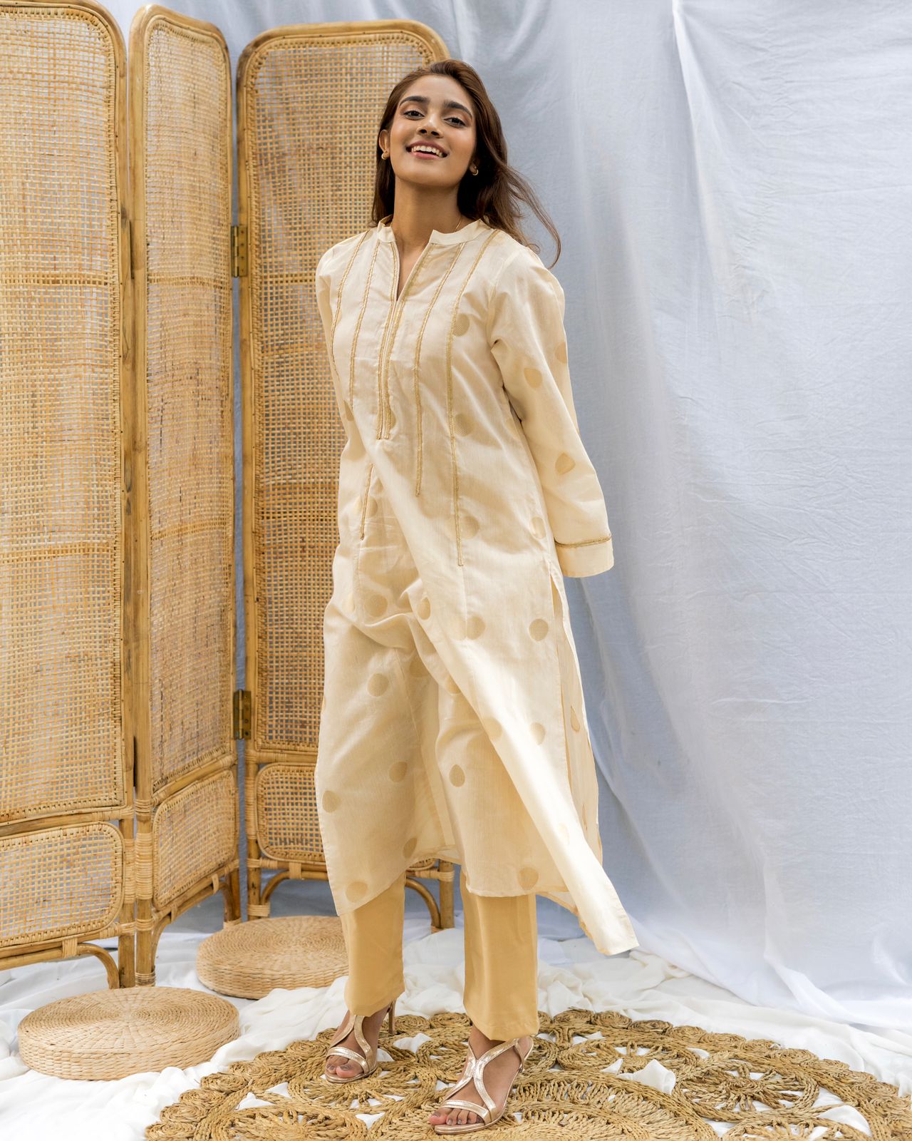Golden Hue Silk Threadwork Long Top
