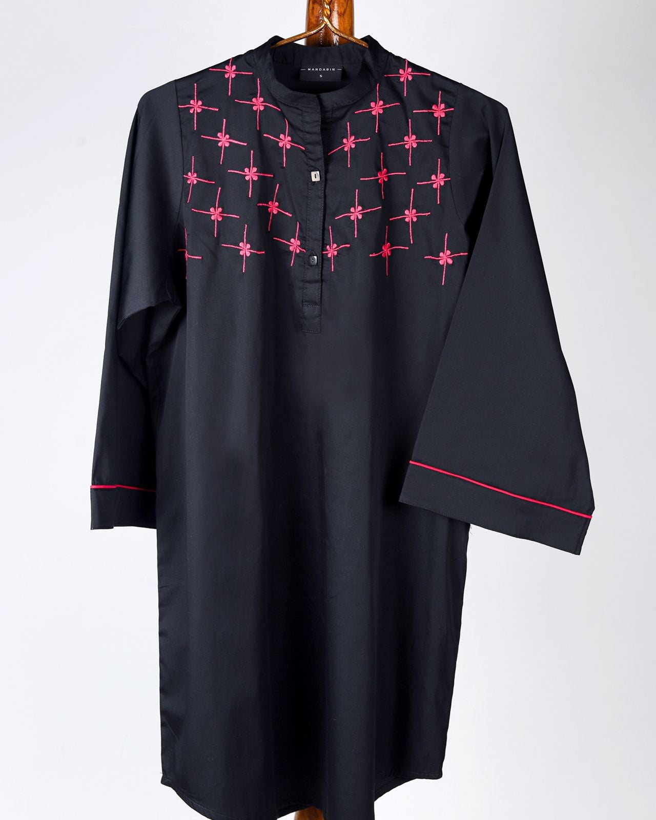 Black Top with Contrast Embroidery | Elegant Modest Fashion with Bold Details