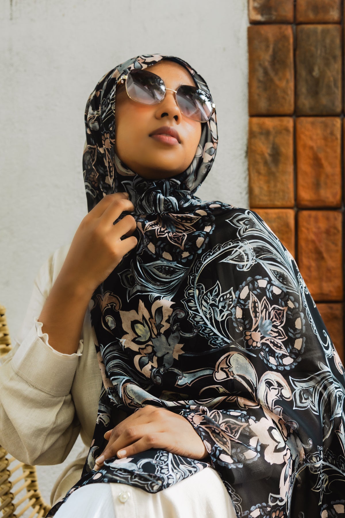 Printed chiffon shawl-Midnight mist -Serenity collection
