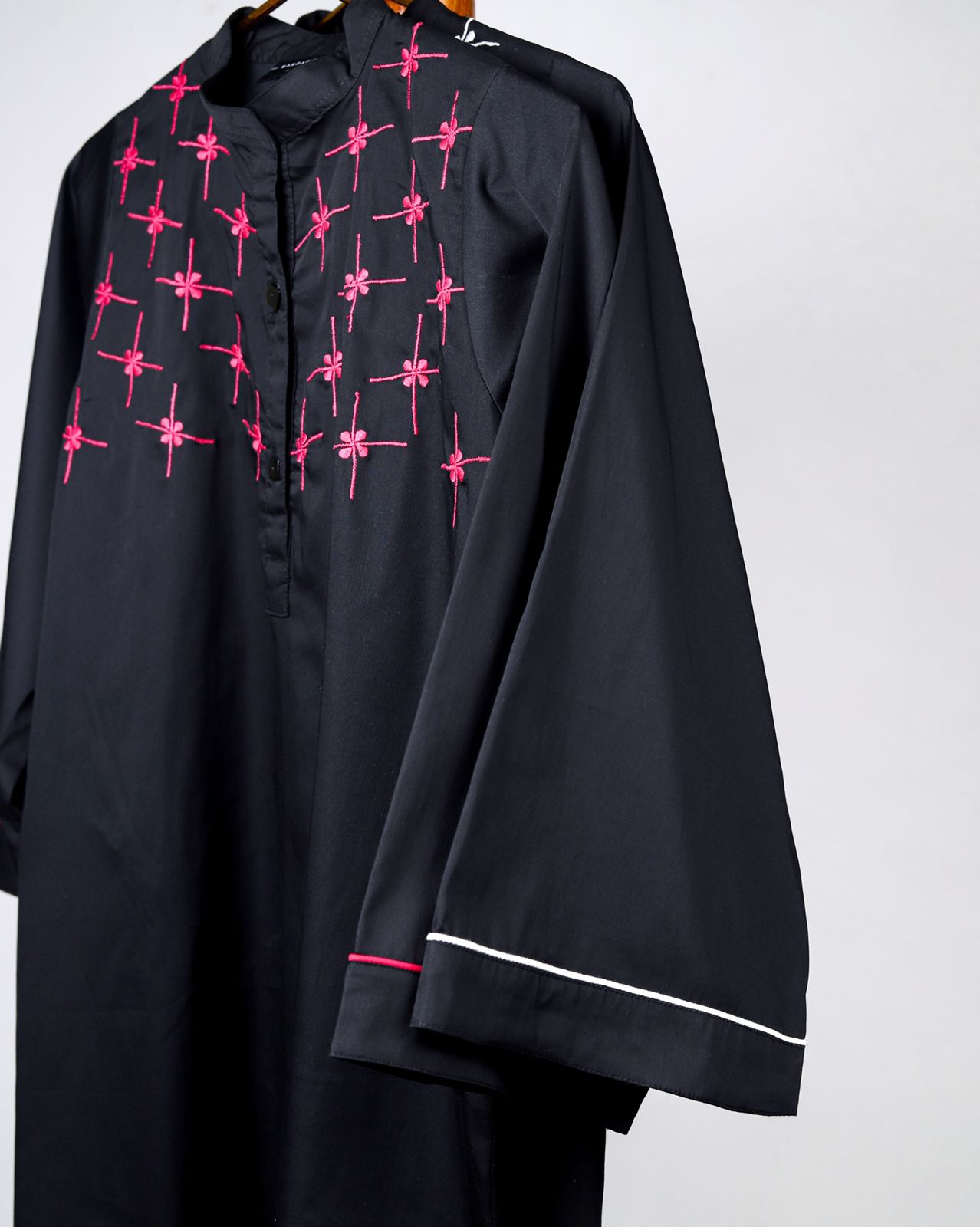 Black Top with Contrast Embroidery | Elegant Modest Fashion with Bold Details