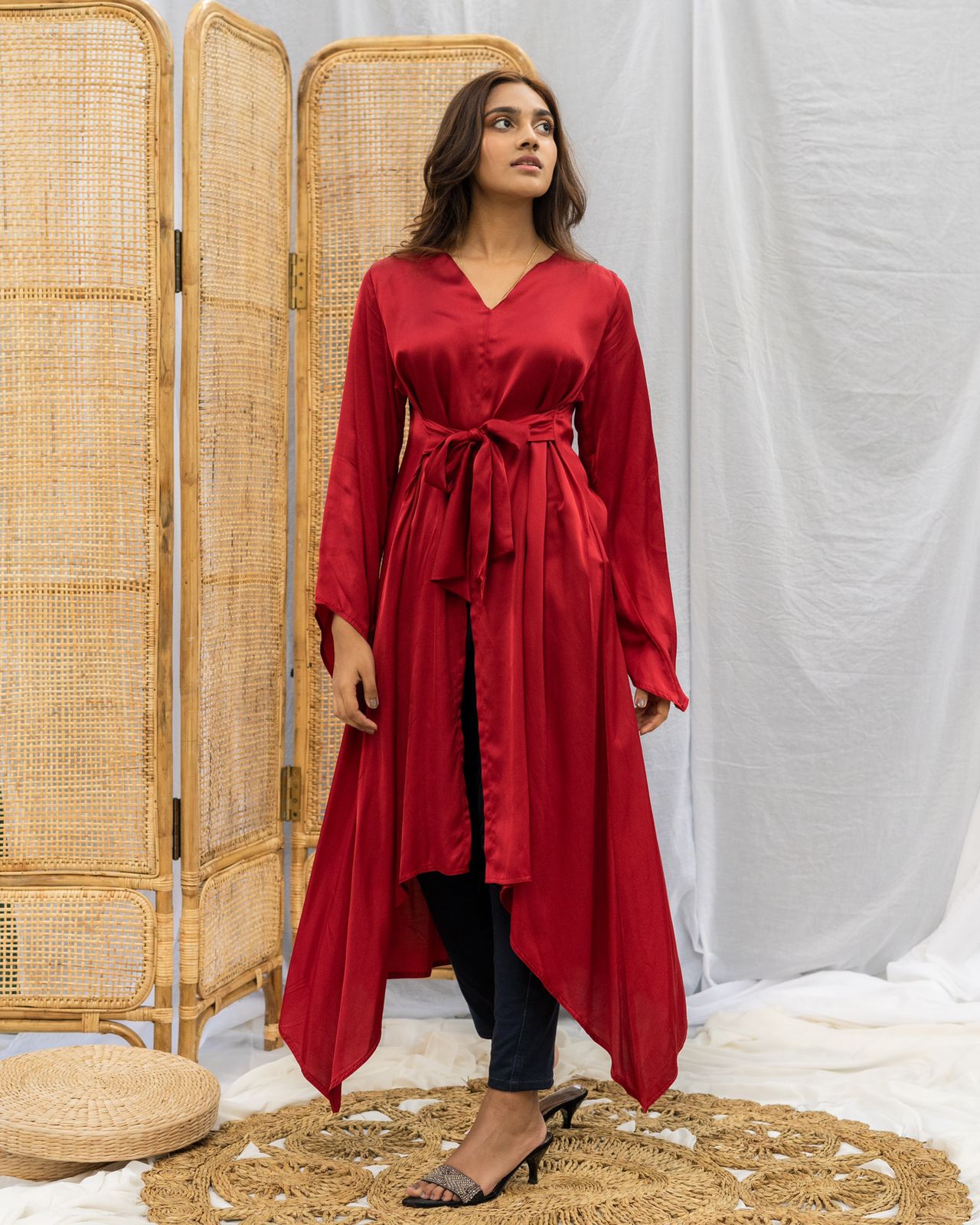 Long Partywear Silk Top in Red | Luxurious Modest Fashion for Special Occasions