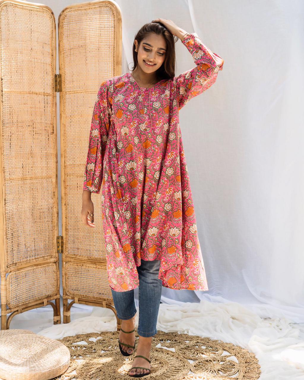 Floral, hand block printed top
