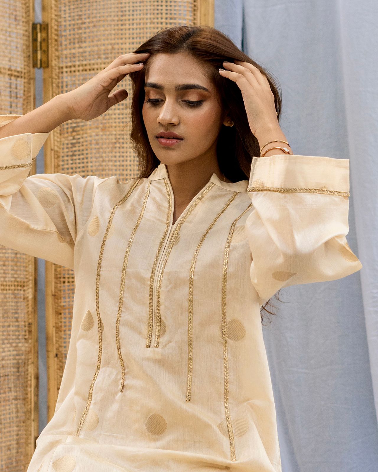 Golden Hue Silk Threadwork Long Top