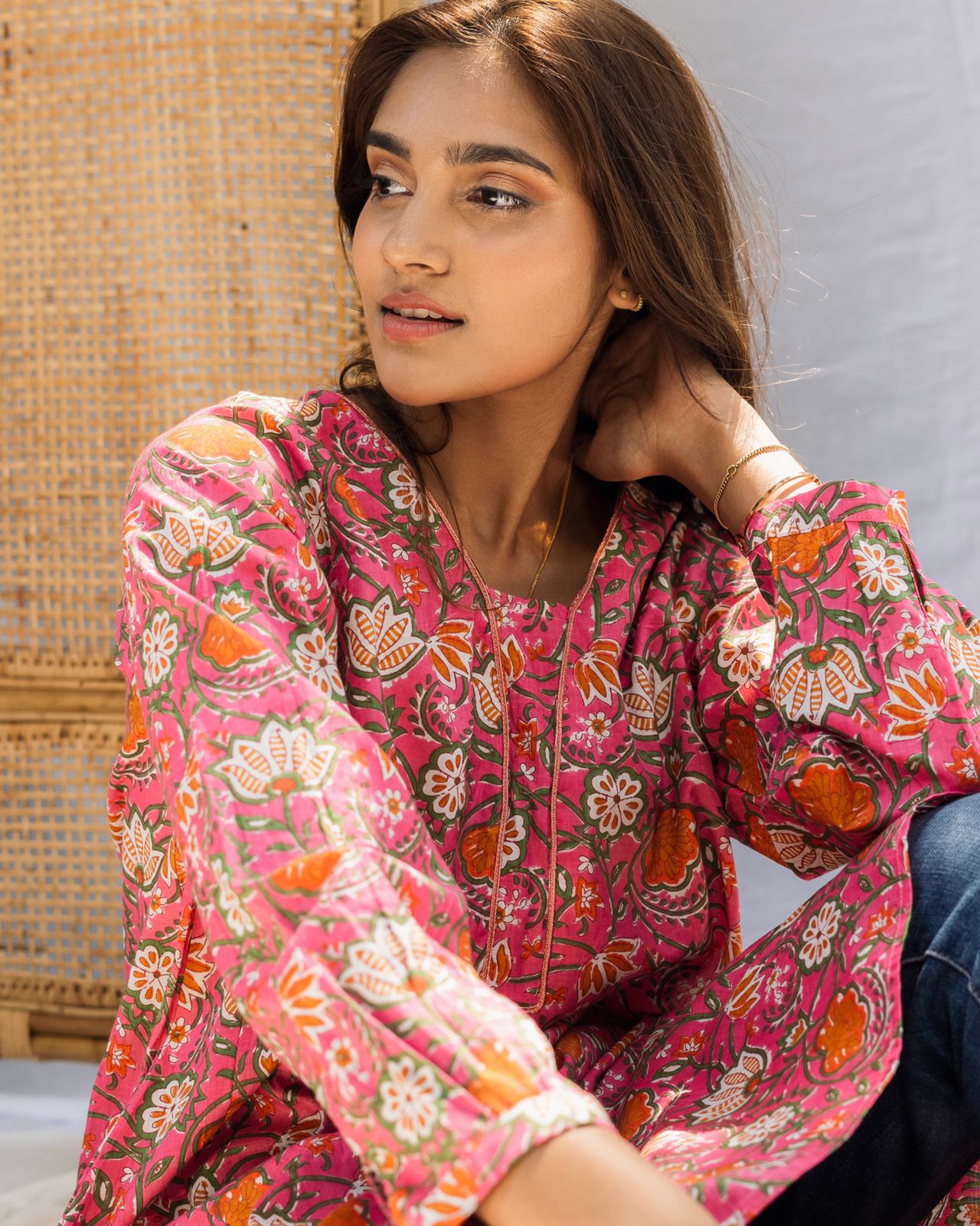 Floral, hand block printed top