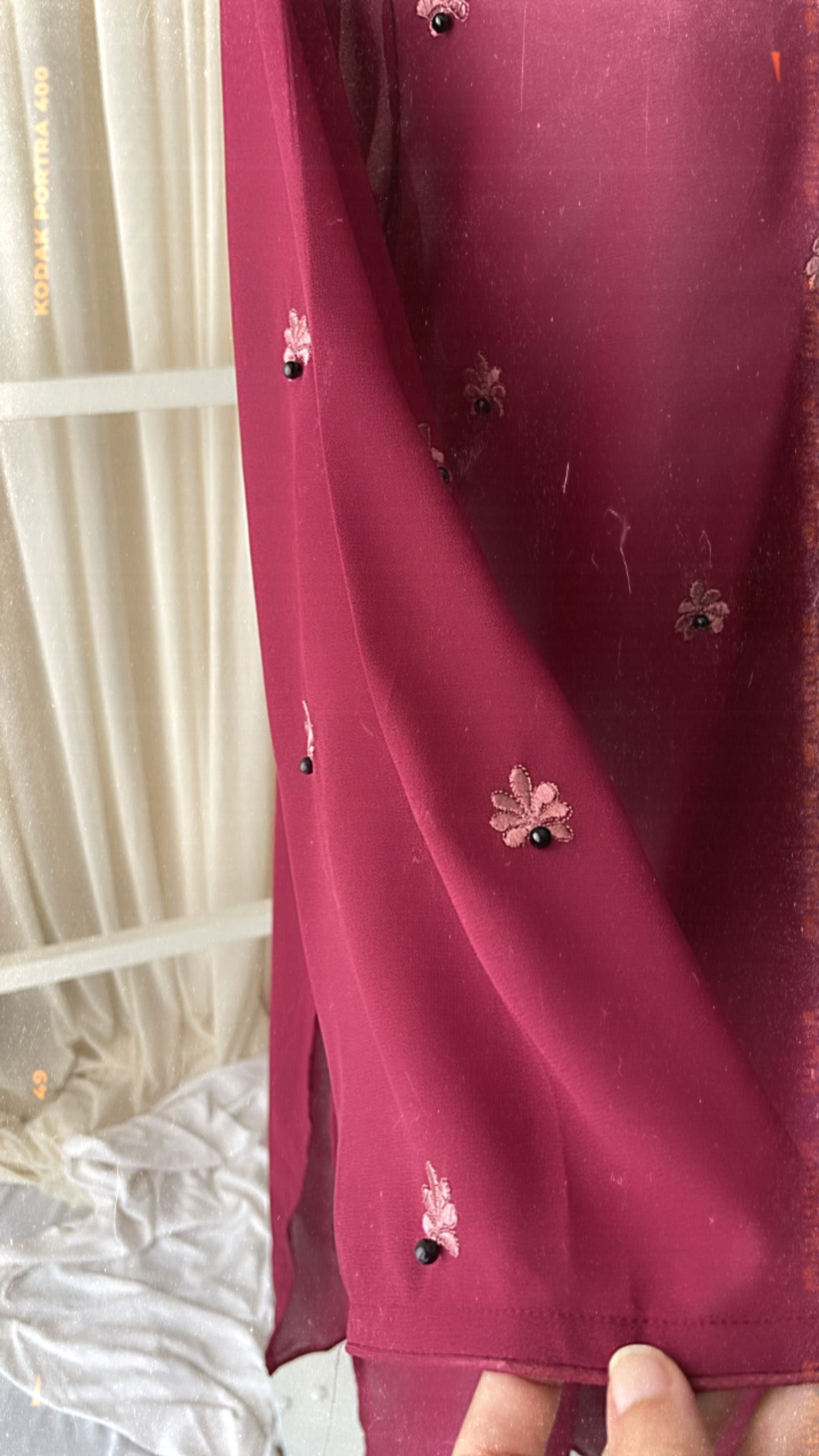 Soft Georgette Embroidered Long Tops in Maroon & Muave