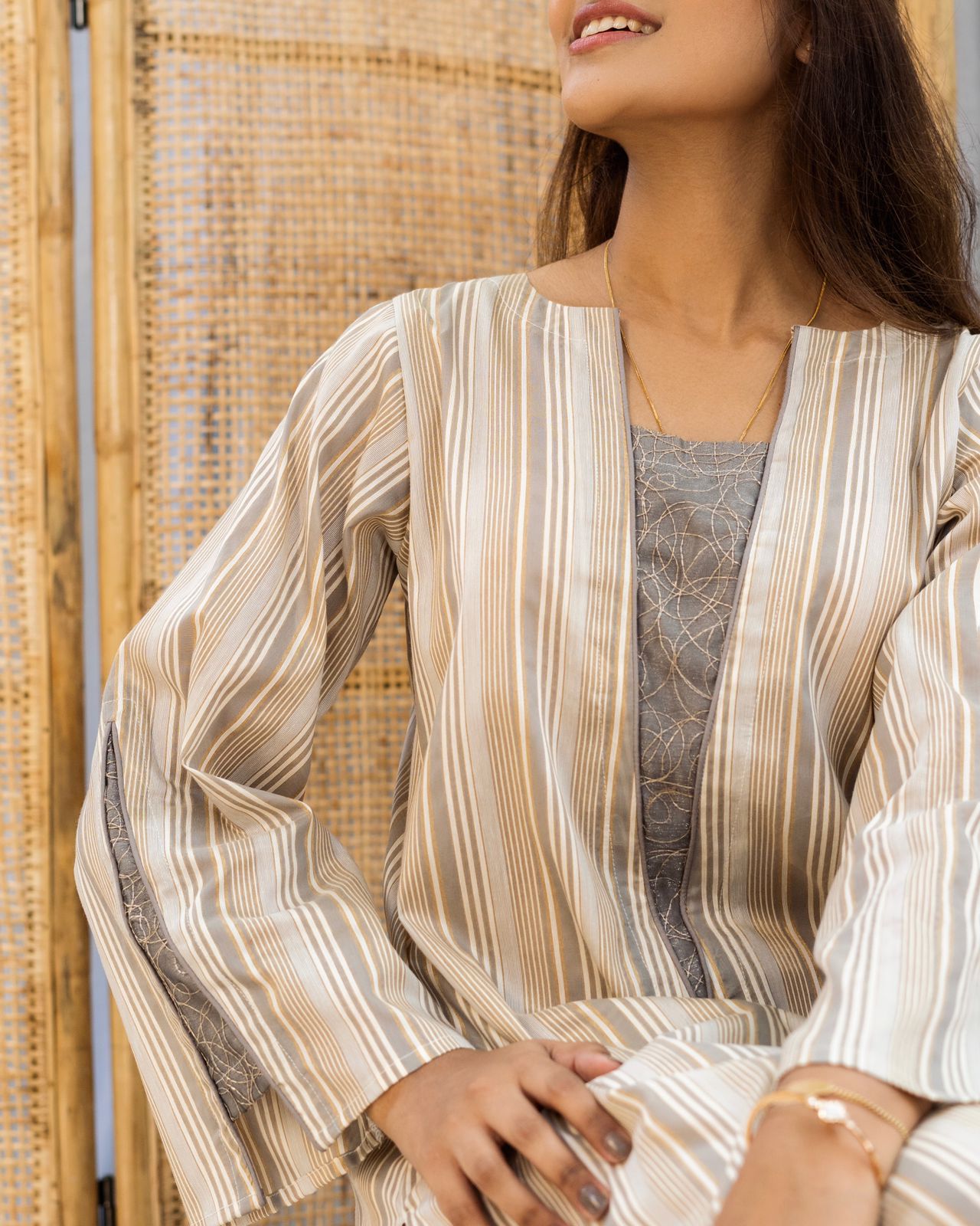 Grey Silk Threadwork Long Top