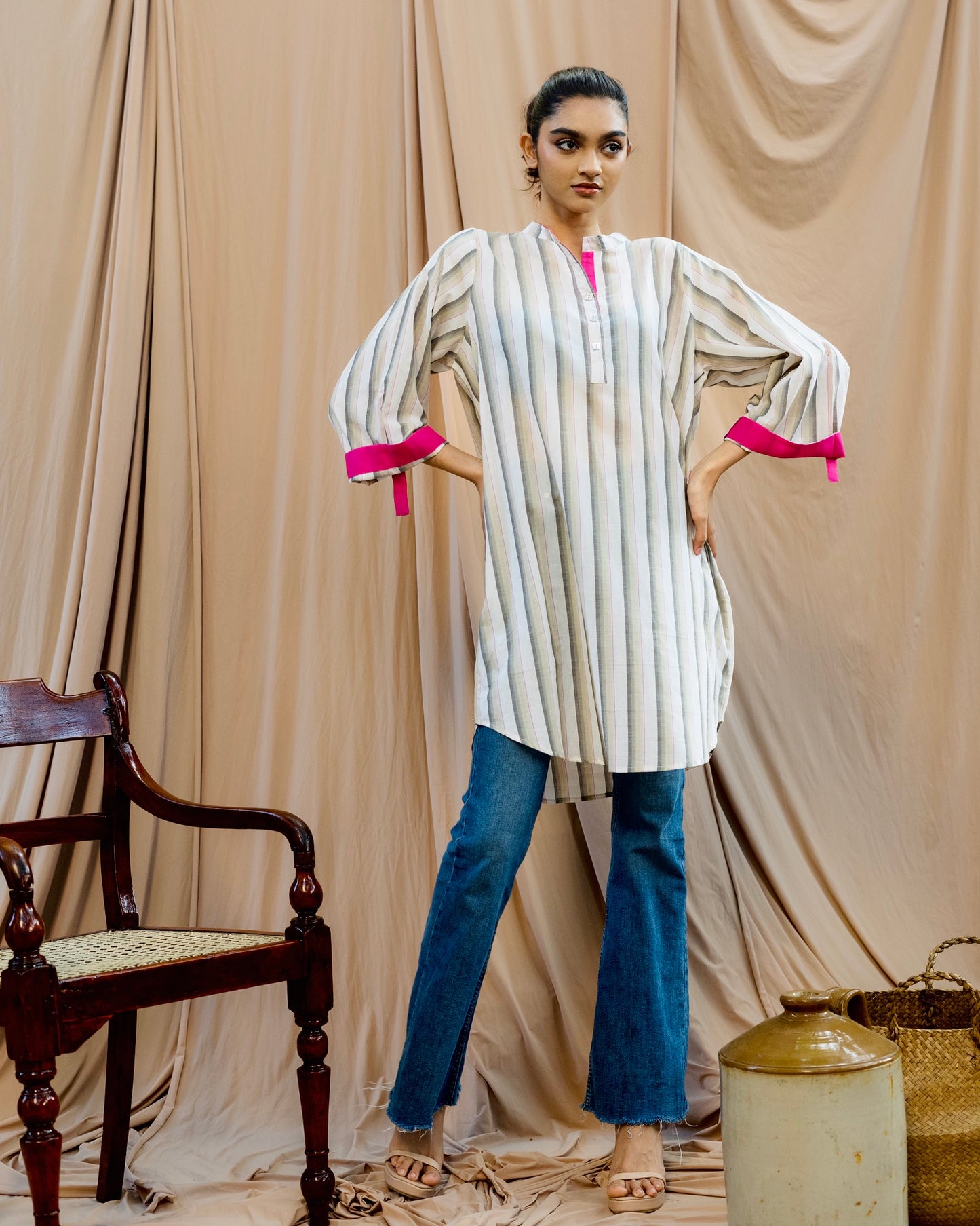 Shirt Top with Pink Contrast Collar and Sleeve Detail