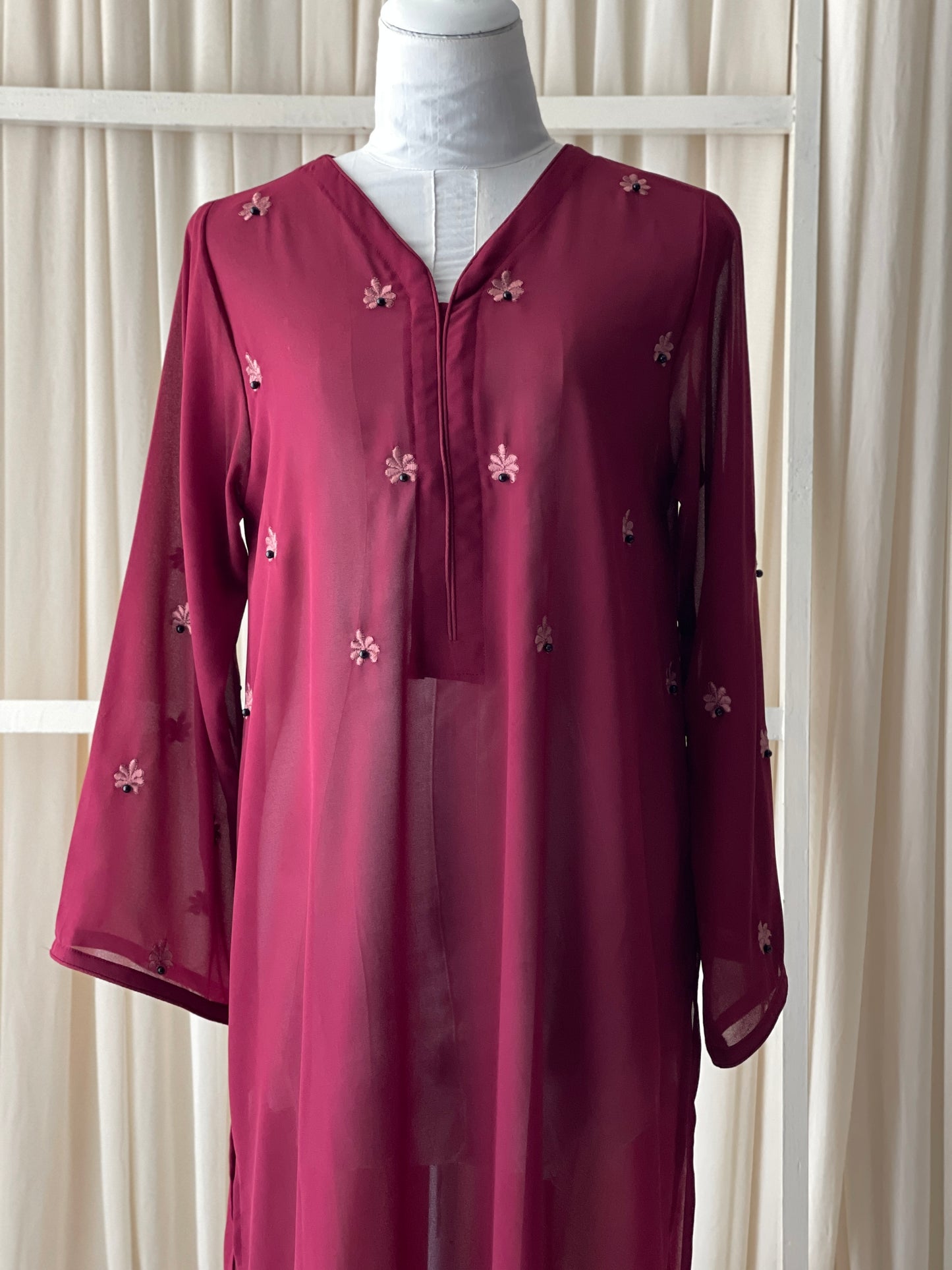 Soft Georgette Embroidered Long Tops in Maroon & Muave