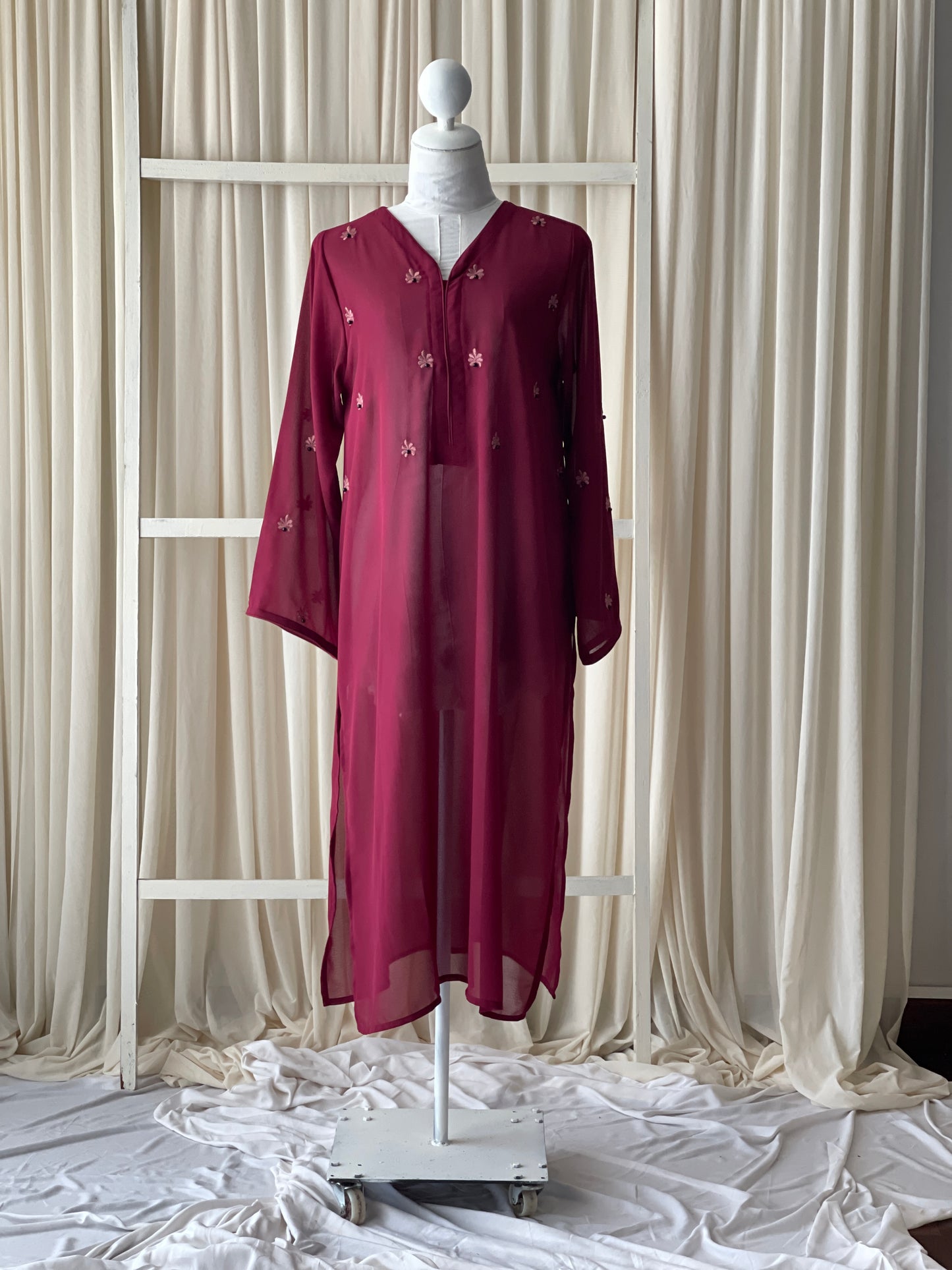 Soft Georgette Embroidered Long Tops in Maroon & Muave