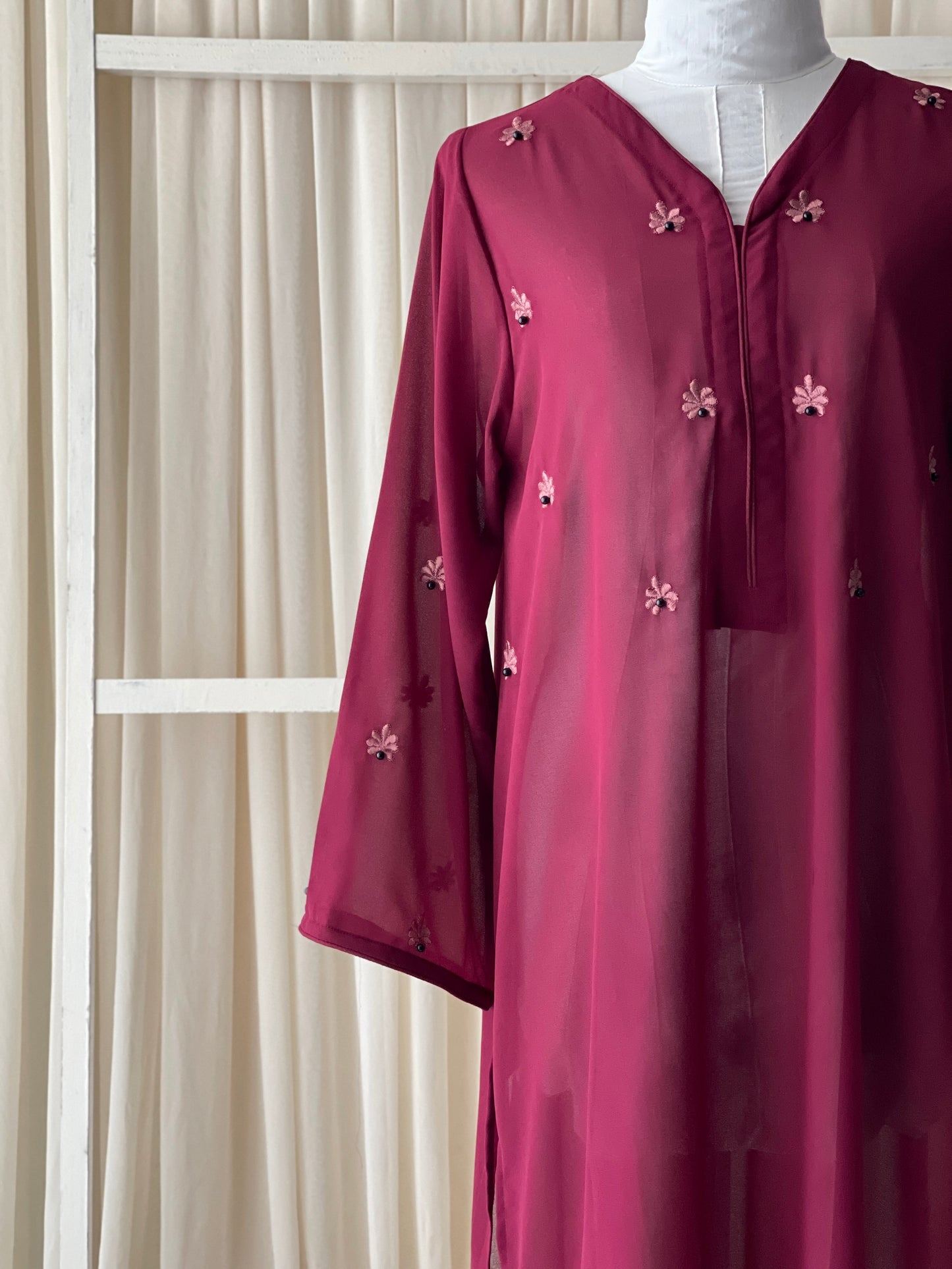 Soft Georgette Embroidered Long Tops in Maroon & Muave