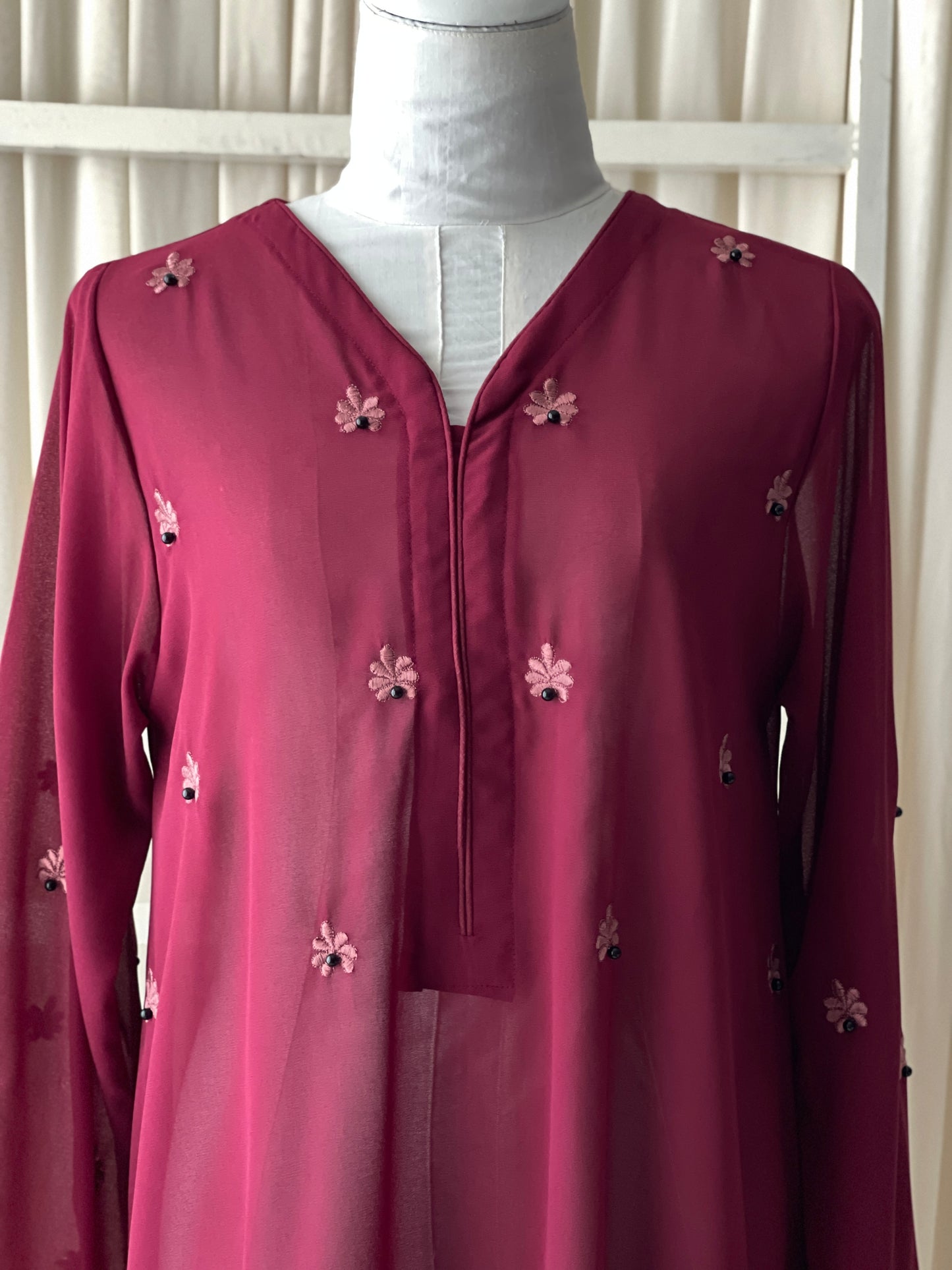 Soft Georgette Embroidered Long Tops in Maroon & Muave