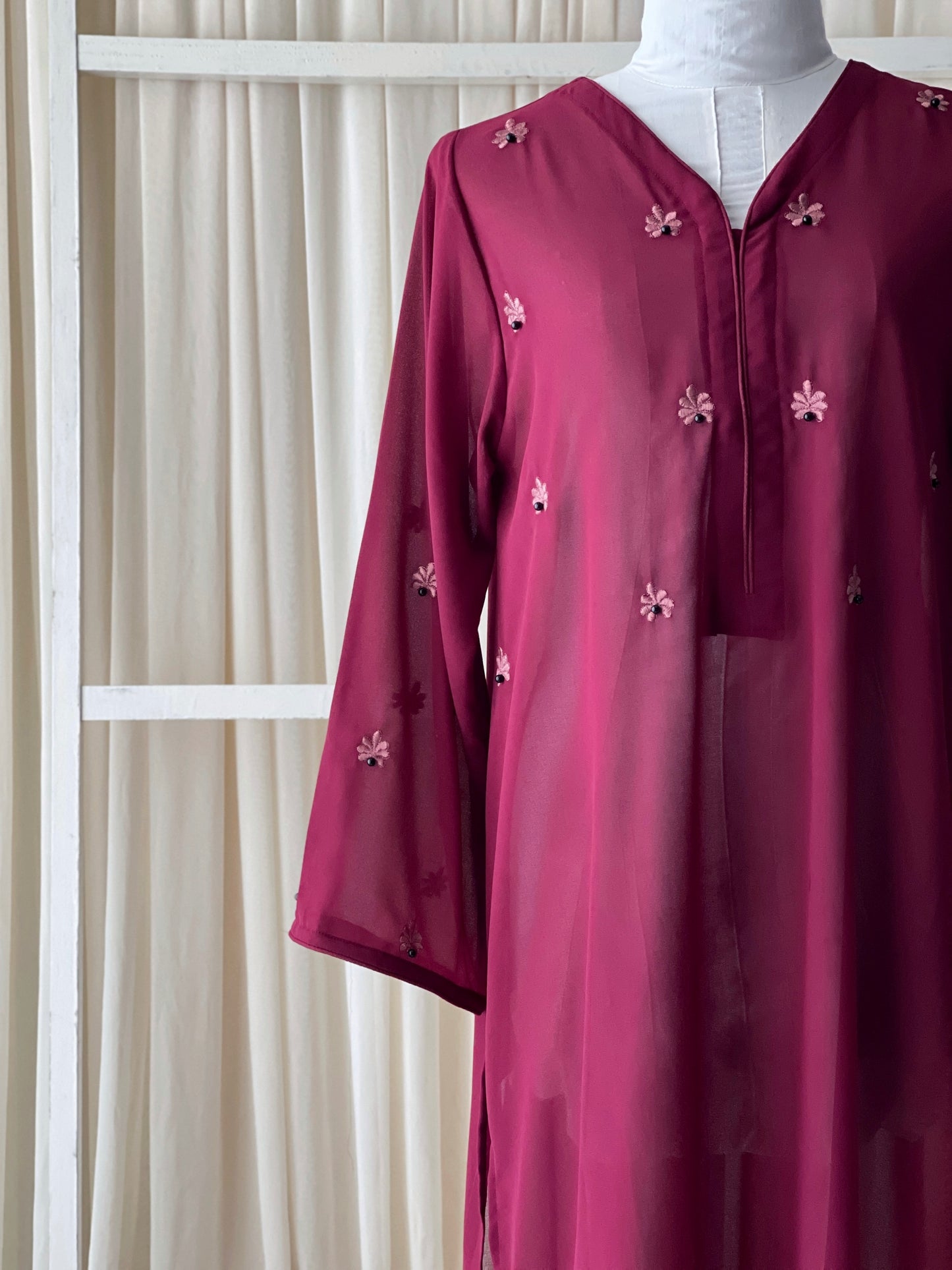 Soft Georgette Embroidered Long Tops in Maroon & Muave