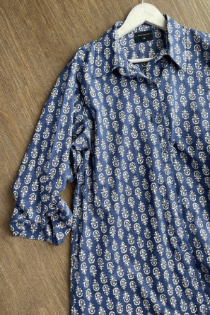 Long shirt top- Navy and white floral motif