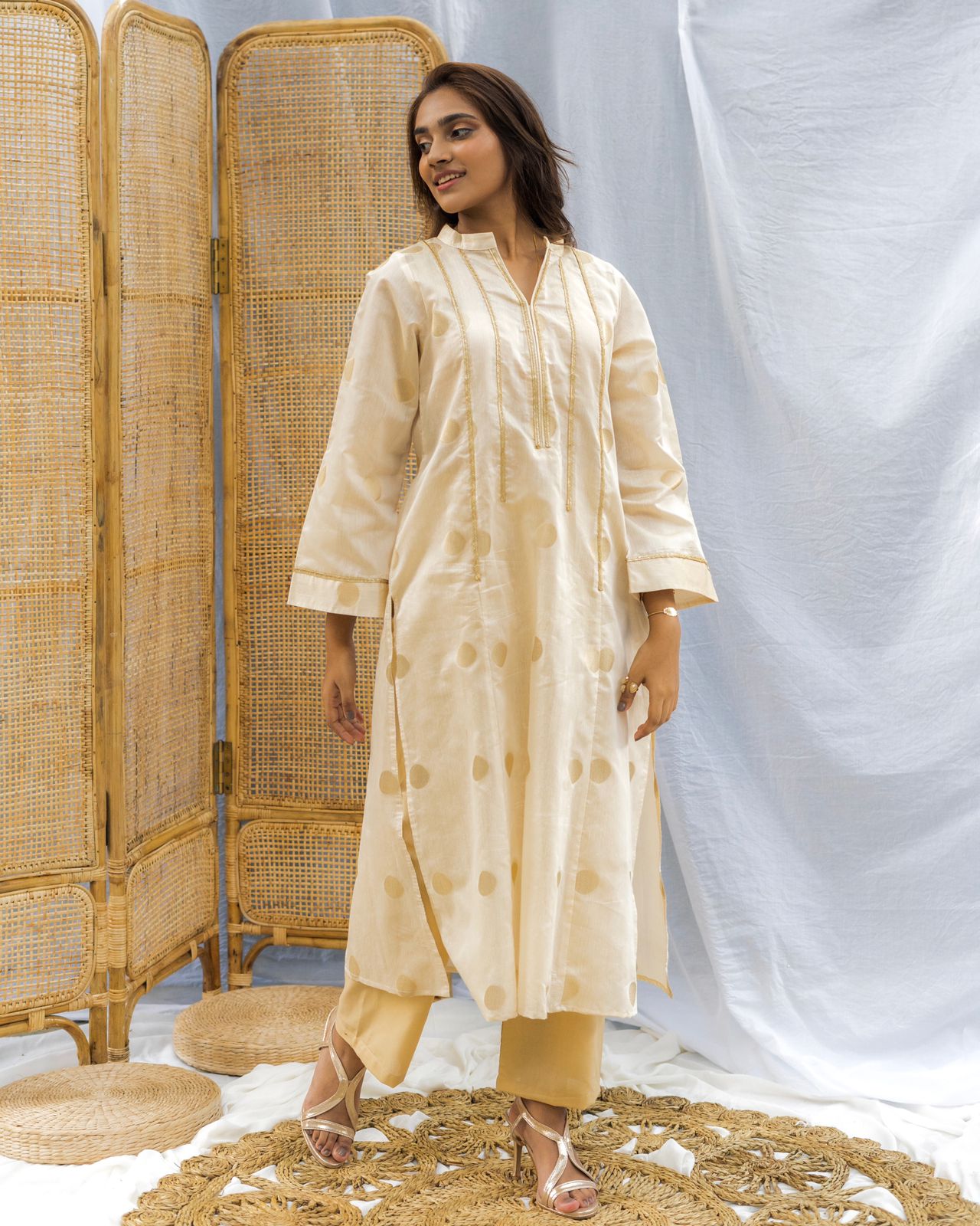 Golden Hue Silk Threadwork Long Top