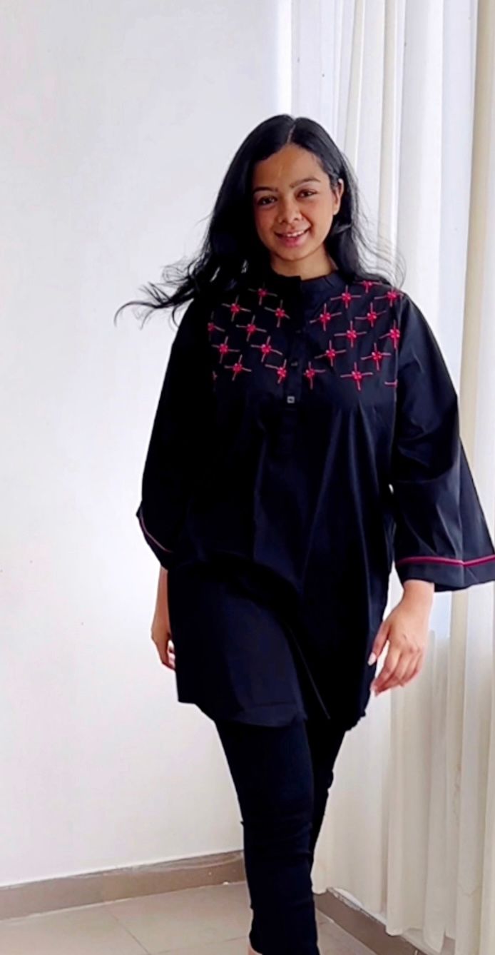 Black Top with Contrast Embroidery | Elegant Modest Fashion with Bold Details