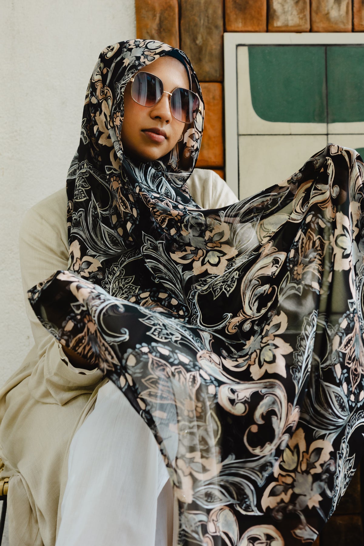 Printed chiffon shawl-Midnight mist -Serenity collection