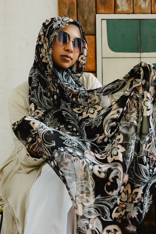 Printed chiffon shawl-Midnight mist -Serenity collection