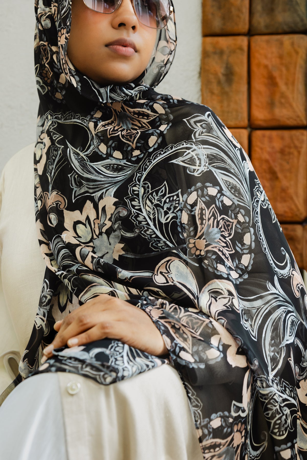 Printed chiffon shawl-Midnight mist -Serenity collection