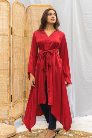 Long Partywear Silk Top in Red | Luxurious Modest Fashion for Special Occasions